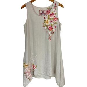 Johnny Was 100% Linen Boho Beige Embroidered Floral Tunic Tank Top Size Small